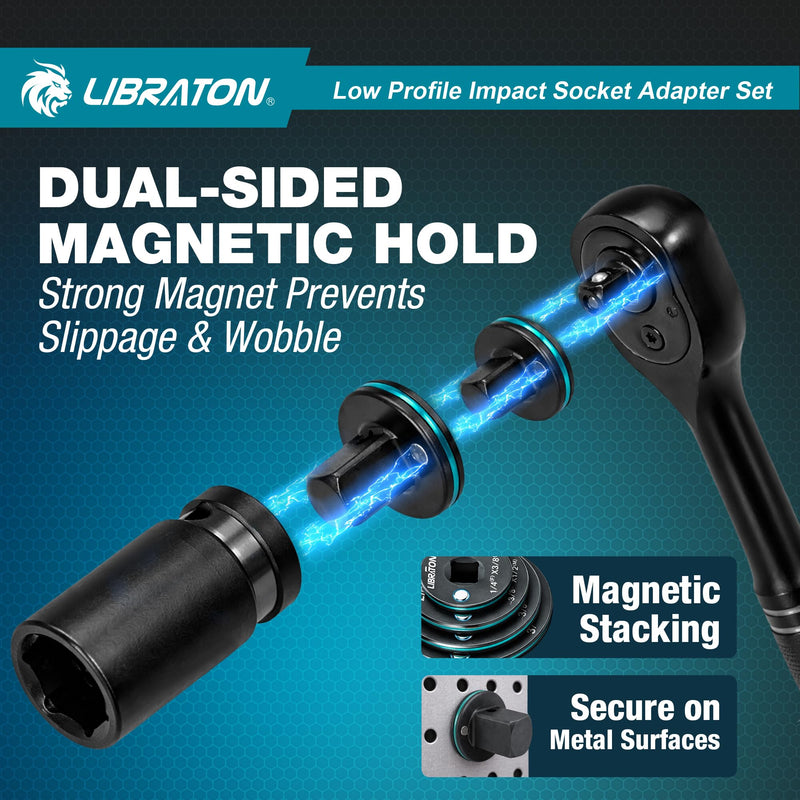 LIBRATON Low Profile Impact Socket Adapter Set, 5pc Magnetic Drive Converter Kit for Tight Space (1/4" to 3/8", 3/8" to 1/2", 1/2" to 3/4", 3/4" to 1", & 1/4" Hex Adapter) for Impact Wrench and Drill 5PCS