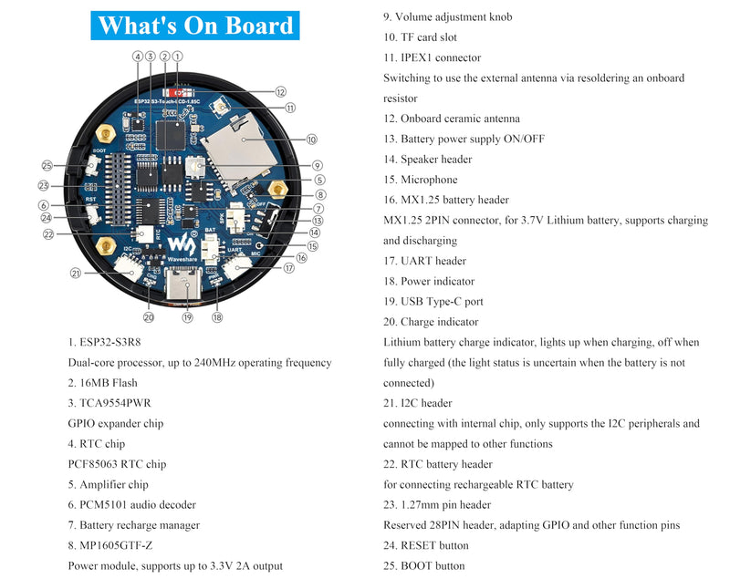 ESP32-S3 with 1.85inch Touch Round LCD Development Board, 360x360, Support W-i-Fi & BLE 5, Smart Speaker Box, AI Speech, Supports AI Speech Interaction and Offline Voice Control