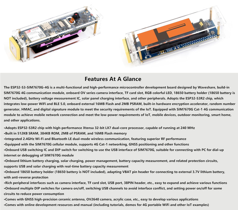 ESP32-S3 SIM7670G 4G Development Board, LTE Cat-1/WiFi/Bluetooth/GNSS Positioning, Global Coverage Multi Band, Onboard Camera/Antenna, Suitable for 4G Portable WiFi, Solar Panel or USB Charging