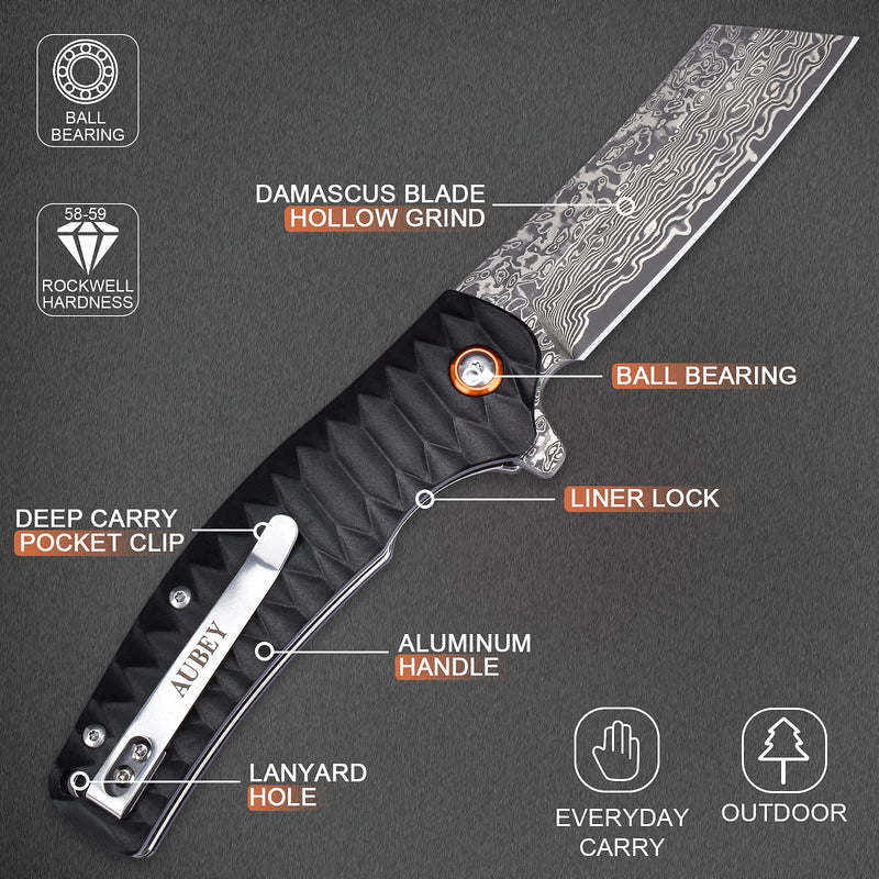 AUBEY Damascus Pocket Knife, 3.34" Damascus Steel Hollow Grind Blade, Folding Knife with Ball Bearing, Aluminum Handle, EDC Knife for Outdoor Camping Hunting A-Black Aluminum Handle