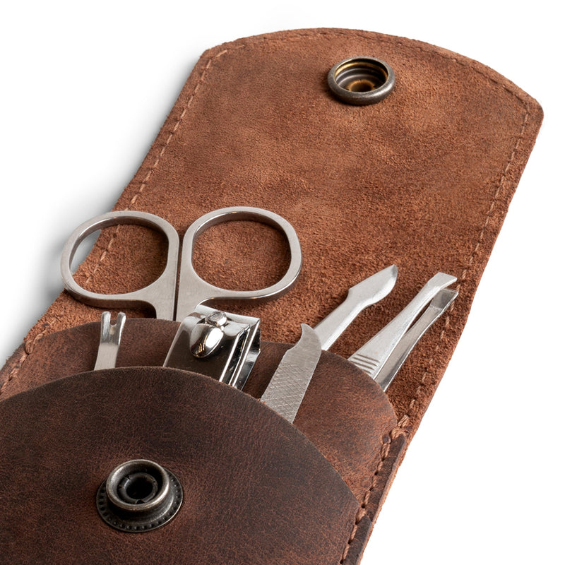  [AUSTRALIA] - Leather Double Nail Clipper Case, Travel Scissors Cover for Men & Women, Grooming Kit Cases, Personal Manicure Set Organizer, Mens Care, Clippers, Fingernail Trimming, Toenail Pedicure, Nails Cutting Bourbon Brown