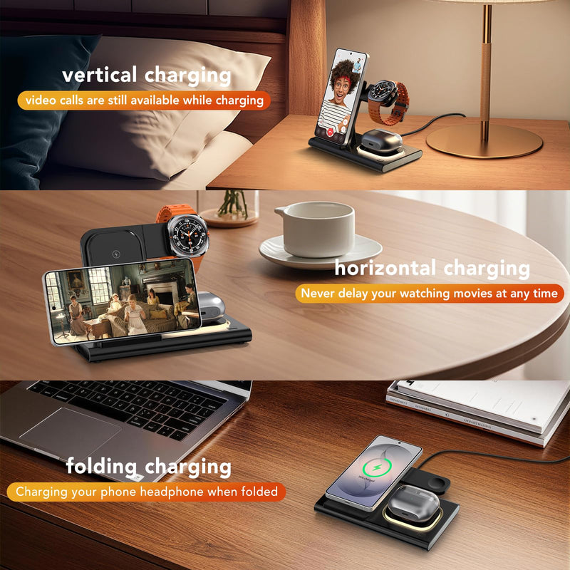 Wireless Charger for Samsung Charging Station, Foldable & Nightlight | 3 in 1 Charging Station for Samsung S26-S10/Note/Z Fold Flip8,Travel Charger for Galaxy Watch 8-1/Buds,Not for Watch 9/Ultra2 black