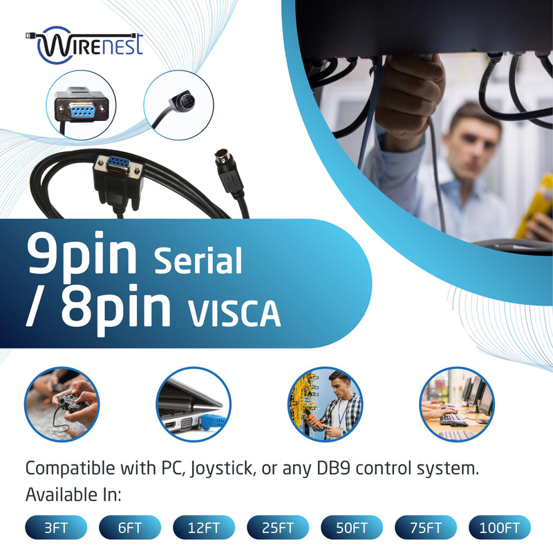 50ft VISCA PTZ Camera Control Cable for Sony EVI/BRC/SRG Series RS232 8 Pin Mini DIN to DB9F Serial 9pin Serial / 8pin VISCA 50FT