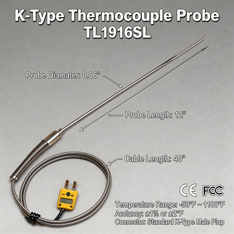 K-Type Thermocouple Probe TL1916SL -50°F~1100°F Range Ultra-Thin 0.06in x 40in Long High Temp Sensor for Furnace Lab, Automotive Cooking