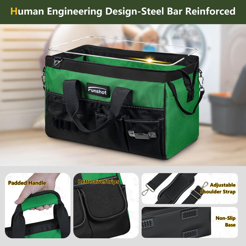 16 Inch Heavy Duty Tool Bag, Compact Tool Organizer with 17 Pockets, Wide Mouth Tool Tote with Adjustable Shoulder Strap, Portable Work Bag for Electricians, Mechanics, Contractors, DIY & Home Repair Green 15.6"L x 8.3"W x 9.5"H