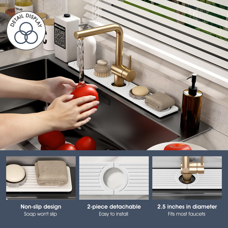 Quick Drying Stone Faucet Mat for Kitchen Sink - Diatomite Sink Mat Absorbing Stone Tray for Bathroom Counter, Sink Faucet Splash Guard Water Protector Matt for Kitchen Counter(White, 17.7" x 3.9") White 17.7" x 3.9"