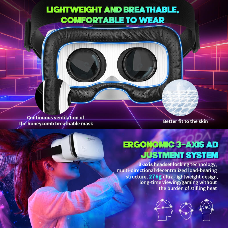 VR Headset for Smartphones with Bluetooth Controller, HD Aspheric Lenses with Adjustable Focus & IPD, Universal Compatible with 4.7-7 Inch Phones, Heat Dissipation Design for Extended Comfort