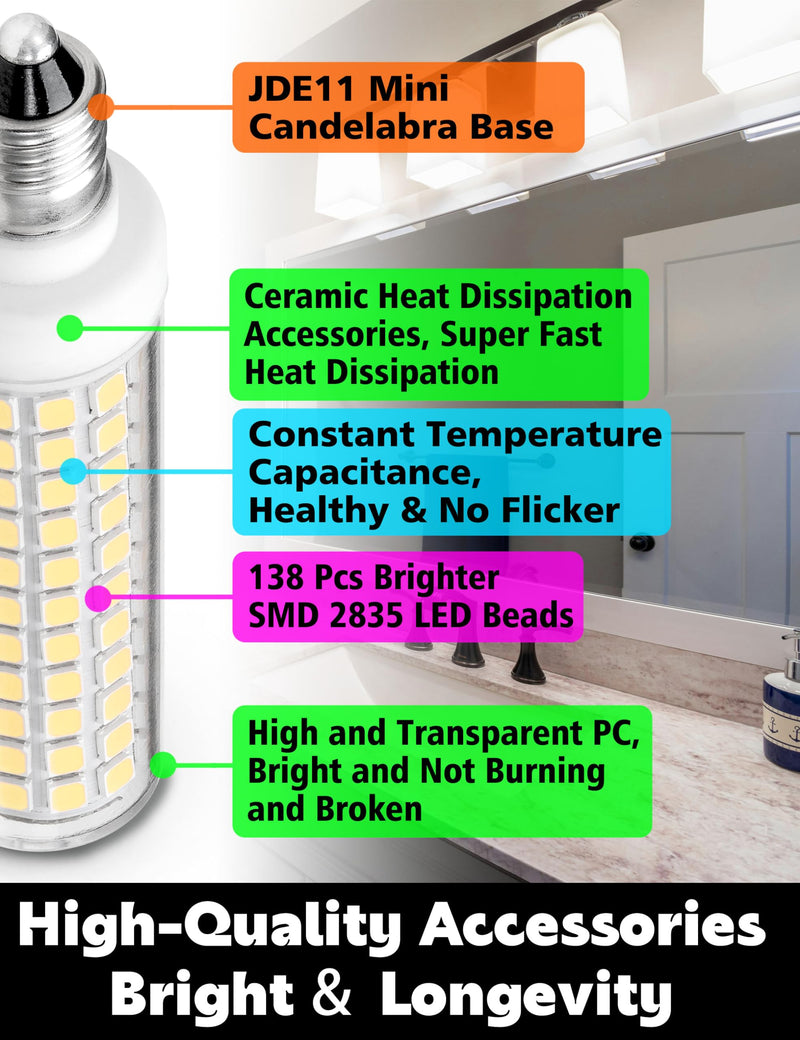 JD E11 Led Bulb Dimmable, 100W Halogen Equivalent, E11 10W 1000lm Daylight Bright White 6000K, T3 T4 Mini Candelabra Base, JDE11 120V For Chandeliers, Candelabra, Ceiling Fans, Cabinet Lighting,4 Pack 6000k Daylight White 100Watt