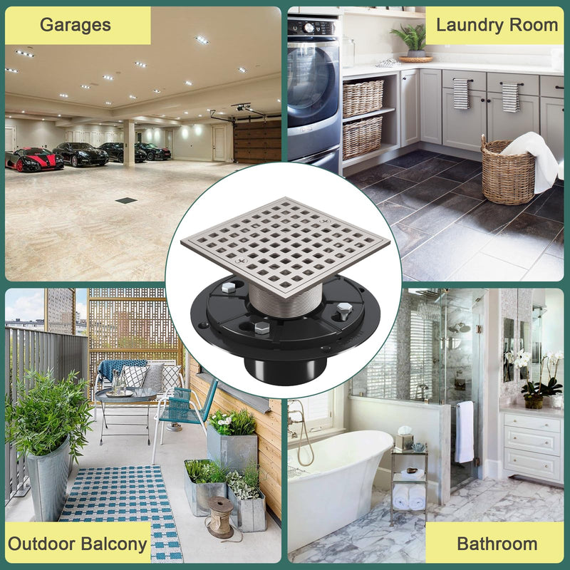 4 Inch Shower Floor Drain with Flange - Square Shower Drain with Hair Strainer - Removable Grid Strainer Cover - SUS304 Stainless Steel - Brushed Nickel