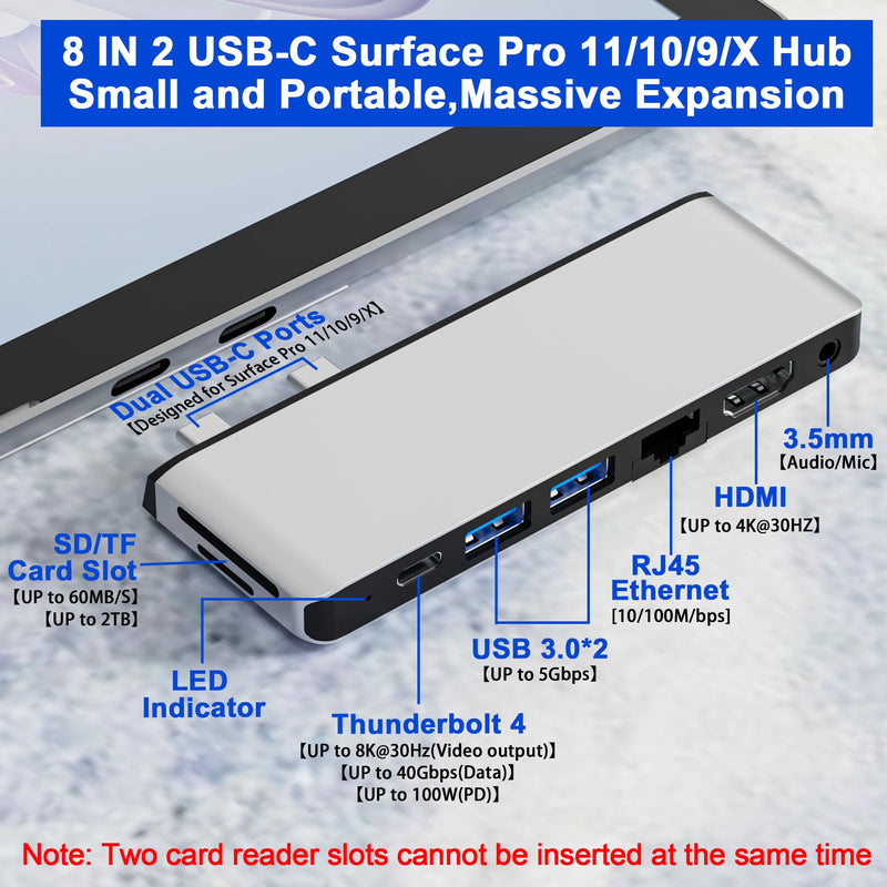 Surface Pro 11 10 9 Docking Station with 4K HDMI,USB-C Thunderbolt 4(8K Video+40Gbps+100W Power),100M Ethernet,USB3.0,SD TF Card Slot,3.5mm Audio,Triple Display for Surface Pro 11/10/9/X Accessories
