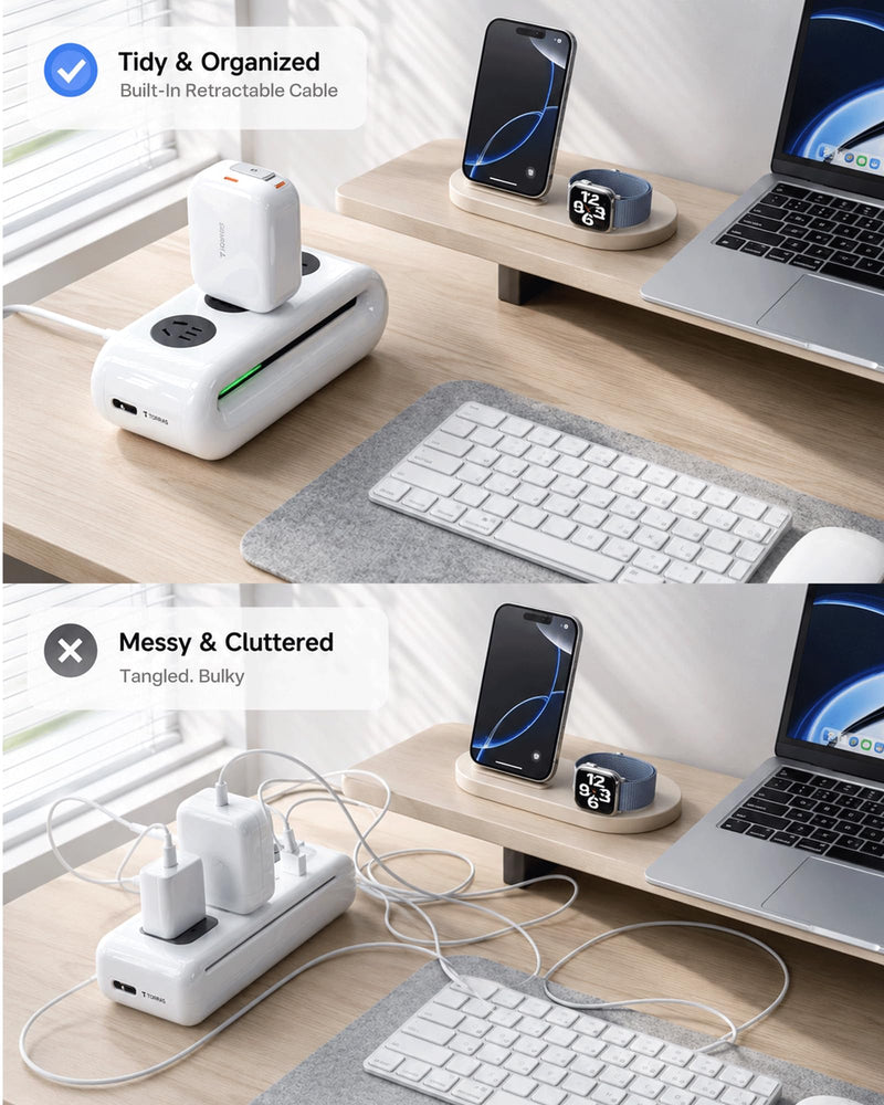 TORRAS FlexLine 40W USB C Charger,Dual-Port GaN Retractable Wall Charger | iPhone17/16/15,iPad,Macbook,Galaxy Compatible,Retractable Cable&Foldable Plug,Fast Charging,GaN,Travel and Desk Use