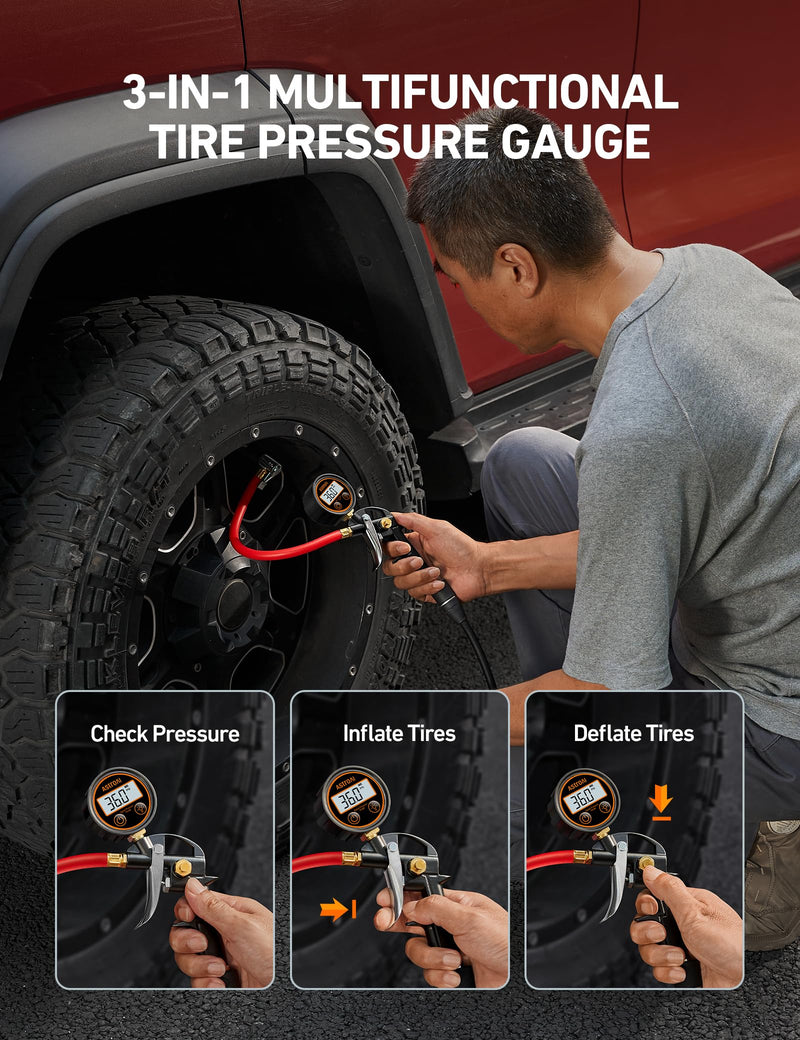AstroAI T1 Digital Tire Pressure Gauge with Inflator, 3-250 PSI Air Chuck with Pressure Gauge, Heavy Duty with Quick Connect Coupler, Calibrated to ANSI B40.7 Grade 2A Digital 3-250 psi Red