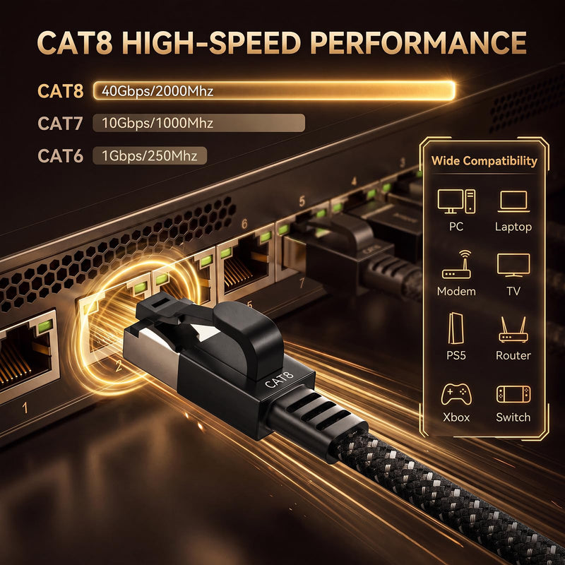 Smolink Cat 8 Ethernet Cable - 100ft 40Gbps 2000MHz RJ45 LAN Network Patch Cord, Nylon Braided High Speed Internet Cable, Heavy Duty Shielded SFTP Cable for Router Modem Gaming PC PS5 Xbox Black