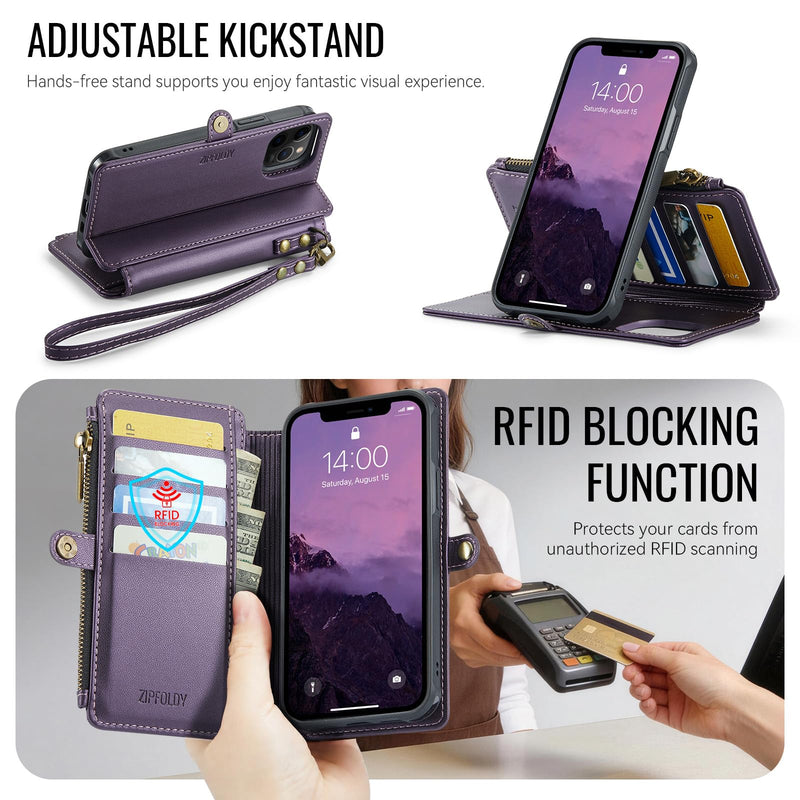 for iPhone 13 Pro Max - Phone Case Wallet Magnetic, Purple | Compatible with Magsafe, Detachable, RFID Blocking Card Holder, Zipper Pocket, Wrist Strap, for Women Men, Durable PU Leather Deep Purple
