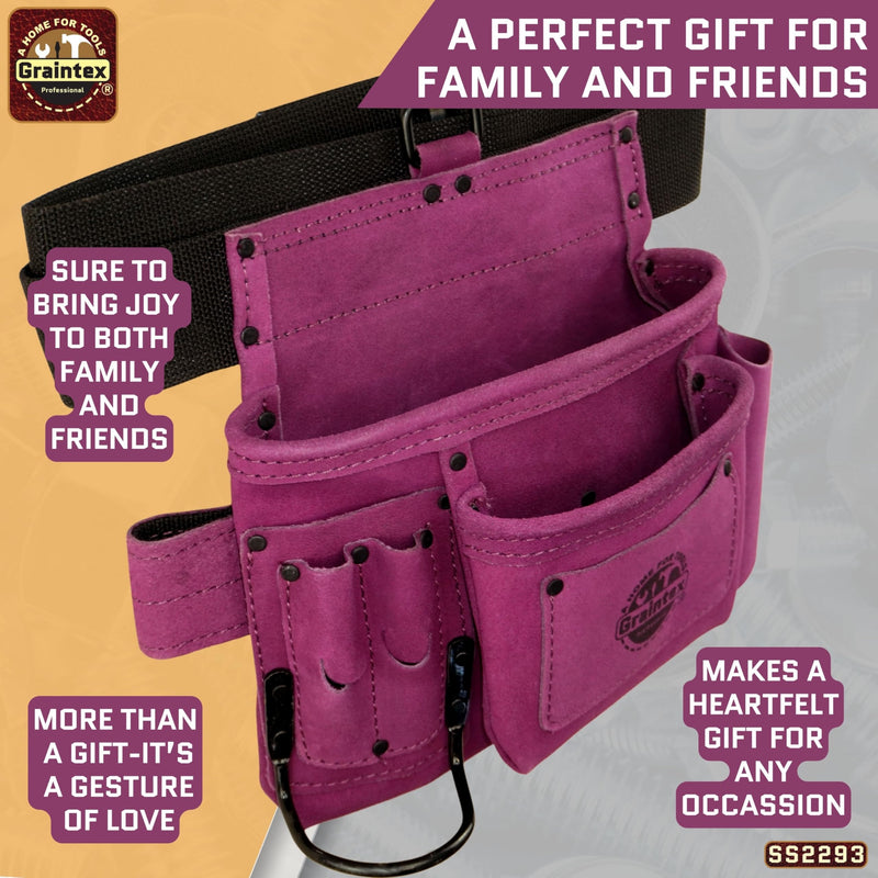 Graintex 5 Pocket Suede Leather Tool Belt/Bag | Purple | Multipurpose Leather Tool Belt for Women and Men | Construction, Electrician, Handymen, Carpenter, Gardening Pouch and DIY Projects