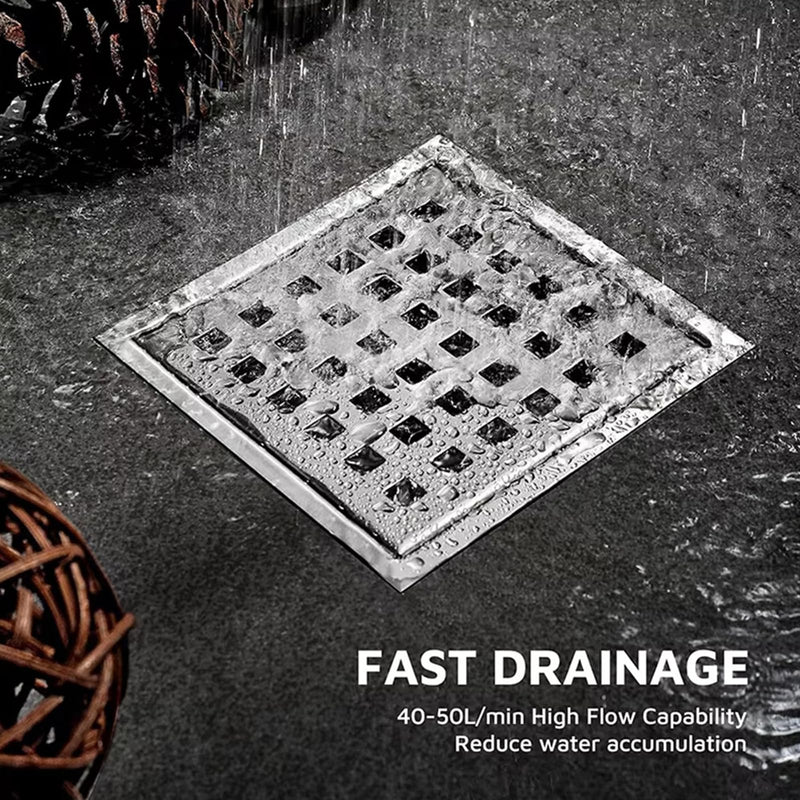 6 Inch Square Shower Floor Drain with Flange, Removable Quadrato Pattern Grate, Food-Grade SUS 304 Stainless Steel, Brushed Nickel with Hair Filter & Anti-Drop Design 6 Inch