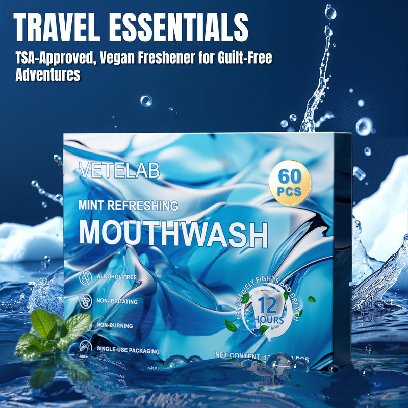 Portable Travel Size Mouthwash Packets - TSA-Approved Mini Mint Mouthwash for Adults, Alcohol & Fluoride-Free Oral Care for Air Travel, Dates & Office, 60 Individually Wrapped 0.4oz Packs 0.41 Fl Oz (Pack of 60)