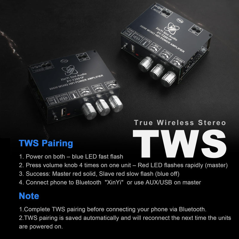200W Mono Amplifier Board TPA3221 Chip with TWS,Bluetooth/3.5mm AUX/USB Input,Vehicle Amplifier Wide Voltage Input 12-30V