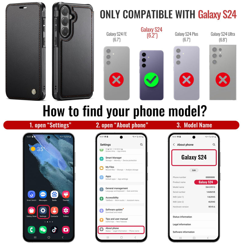 for Galaxy S24 Slim Wallet Case Compatible with Magsafe, Black | RFID Blocking Card Holder, Wireless Charging, Magnetic Closure, Shockproof, PU Leather, Phone Cover for Samsung Galaxy S24 Samsung Galaxy S24 - 6.2"