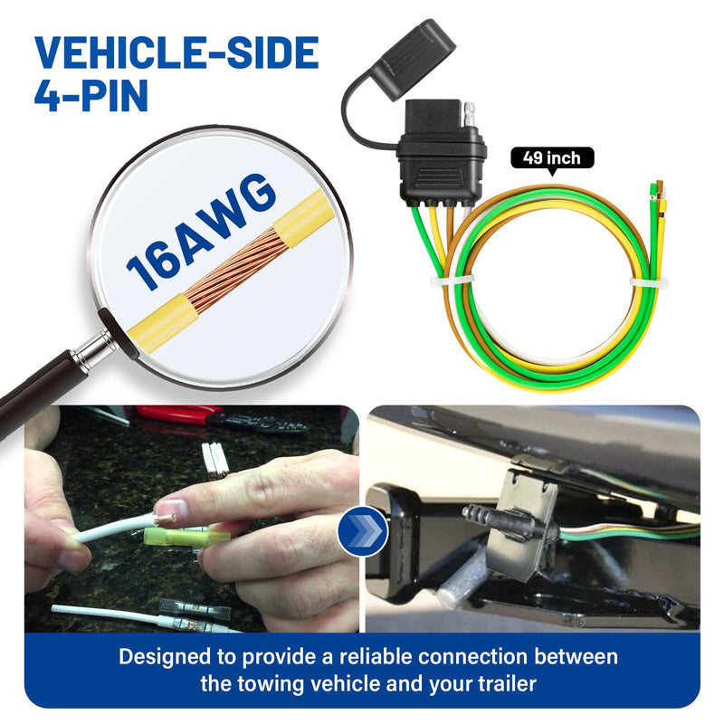 MECMO 4 Pin Vehicle Side Trailer Wiring Harness 49 Inch, 16AWG 4 Prong Trailer Light Plug Socket with Dust Cover, Truck 4 Way Flat Trailer Connector Female 4 Wire Replacement Trailer Hitch Wiring 4ft Vehicle-side (4ft)