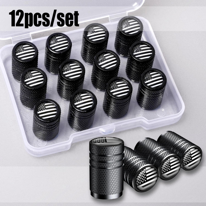 American Flag Tire Valve Stem Caps, Aluminum USA Caps Black, Universal Dust Proof Covers for Cars Trucks Bikes Motorcycles Bicycles Corrosion Resistant Black and White National Flag 12PCS Black White USA (12 Pack)