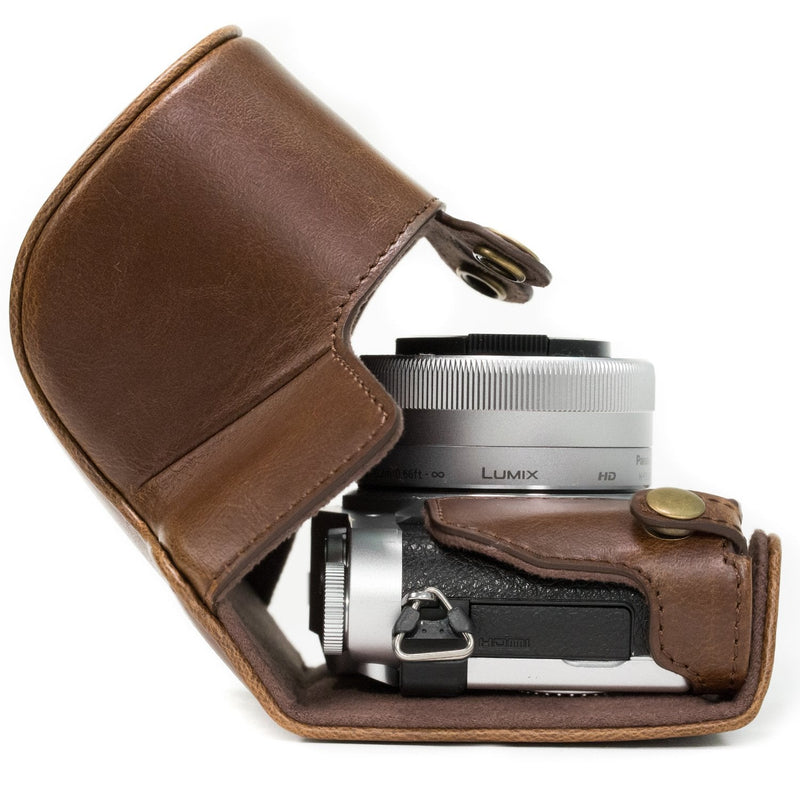 MegaGear Ever Ready Leather Camera Case compatible with Panasonic Lumix GX800, GX800 12-32mm Lens, DMC-GF8, DMC-GF7 Dark Brown