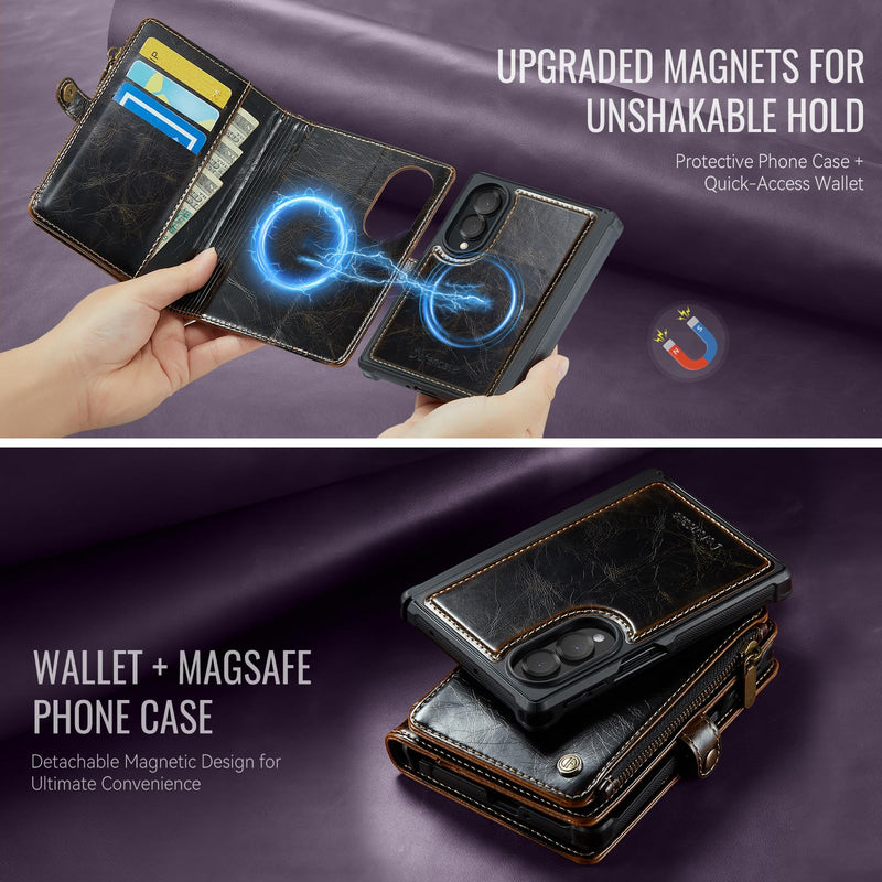Defencase for Galaxy Z Fold 8 Case Wallet Compatible with Magsafe, Coffee | Magnetic Detachable, RFID Bolcking Card Holder, Zipper, PU Leather, Drop-Proof Phone Cases Cover for Samsung Galaxy Z Fold 8 (Detachable with Magsafe)-Coffee