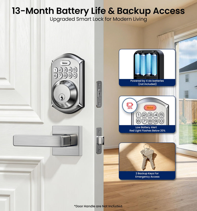 Veise VE001 Keyless Entry Door Lock with Keypad, Electronic Keypad Deadbolt for Front Door, 20 User Codes & One-Time Passcode, Auto Lock, IP55 Waterproof, Easy Installation for Home Apartment Rental Satin Nickel