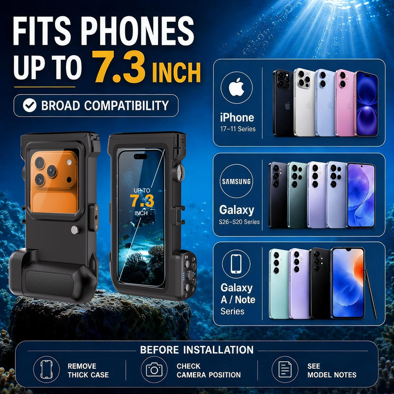 Waterproof Phone Case for Snorkeling, 50FT/15M Underwater Housing with Bluetooth Remote Shutter, Diving Case for iPhone 17 16 15 14 Samsung Galaxy S26 S25, Fits up to 7.3 Inch (Black) 3RD SSK Black