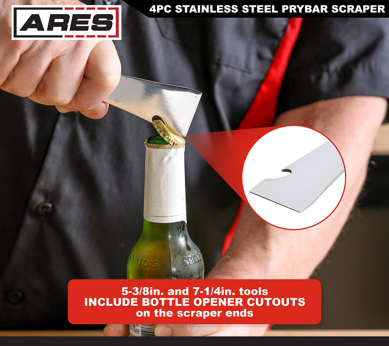ARES 46020-4-Piece Stainless Steel Prybar Scraper Set - Ultra Sharp Scrapers Remove Residue from Steel, Aluminum, and More - Prybar Ends Offer Extra Leverage - Built-In Nail Puller and Bottle Opener