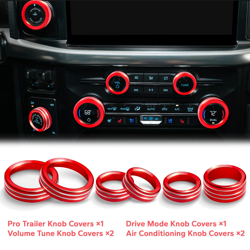 for Ford F150 Accessories 2021-2025 & Super Duty F250 F350 F450 2023-2025, 9pcs Aluminum Alloy Knob Cover Trim Set - Push Start, A/C, Vol Tune, Headlight, Pro Trailer & Drive Mode (Red) Red