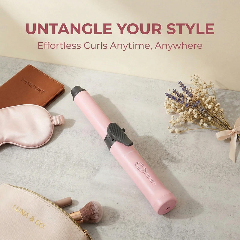 Mini Cordless Curling Wand - Rechargeable Travel Curling Iron with 3 Temperature Levels, Fast Heating & Ceramic Coating Perfect for Short & Medium Hair (Pink)