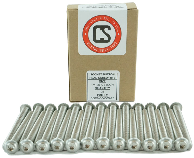 Stainless 1/4-20 x 3 (1/2" to 3" Available) Socket Button Head Cap Screws, Full Thread, Hex Drive, Stainless Steel 18-8, Coarse Thread (1/4-20 x 3)