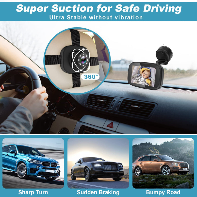 1080P Baby Car Mirror, Shybaby 4.3" Baby Car Camera Monitor with 170° Wide View, HD Night Vision Function and Reusable Sucker Bracket, Safety Rear Facing Cars Set Camera for Infants Kids Toddlers Black