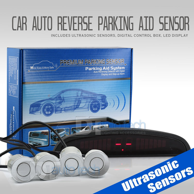 4 Parking Car Parking Sensor Kit LED Display View Reverse Backup Radar System Backup Sensor Reversing Sensors Universal Auto Radar Detector Sensors Radar Buzzer Beep-Beep Alarm Indicator Silver