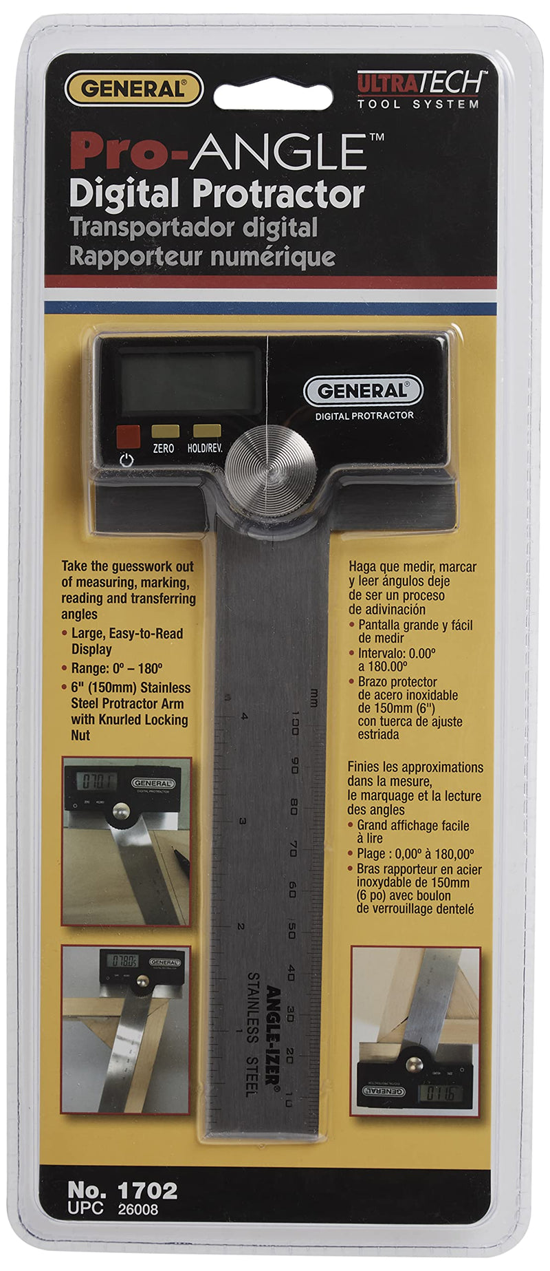 General Tools 1702 6-Inch Stainless Steel Pivoting Arm Digital Protractor