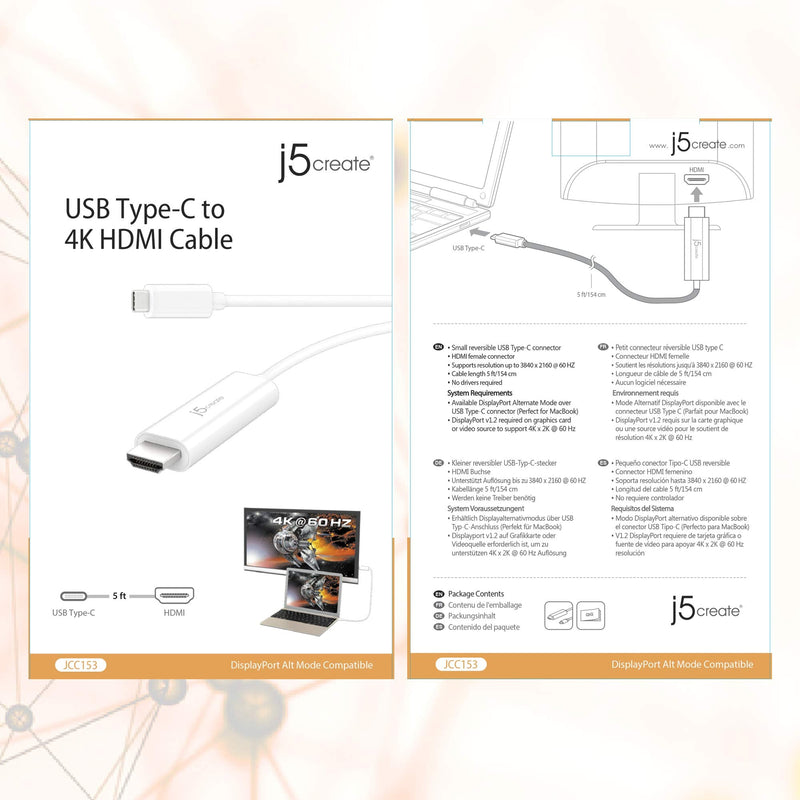 j5create USB C to HDMI Adapter Cable - 5ft 4K@60Hz Type C [Thunderbolt 3 Compatible] to HDMI Cable for MacBook Pro, MacBook Air, iPad Pro, Tablet, PC, Laptop Computers