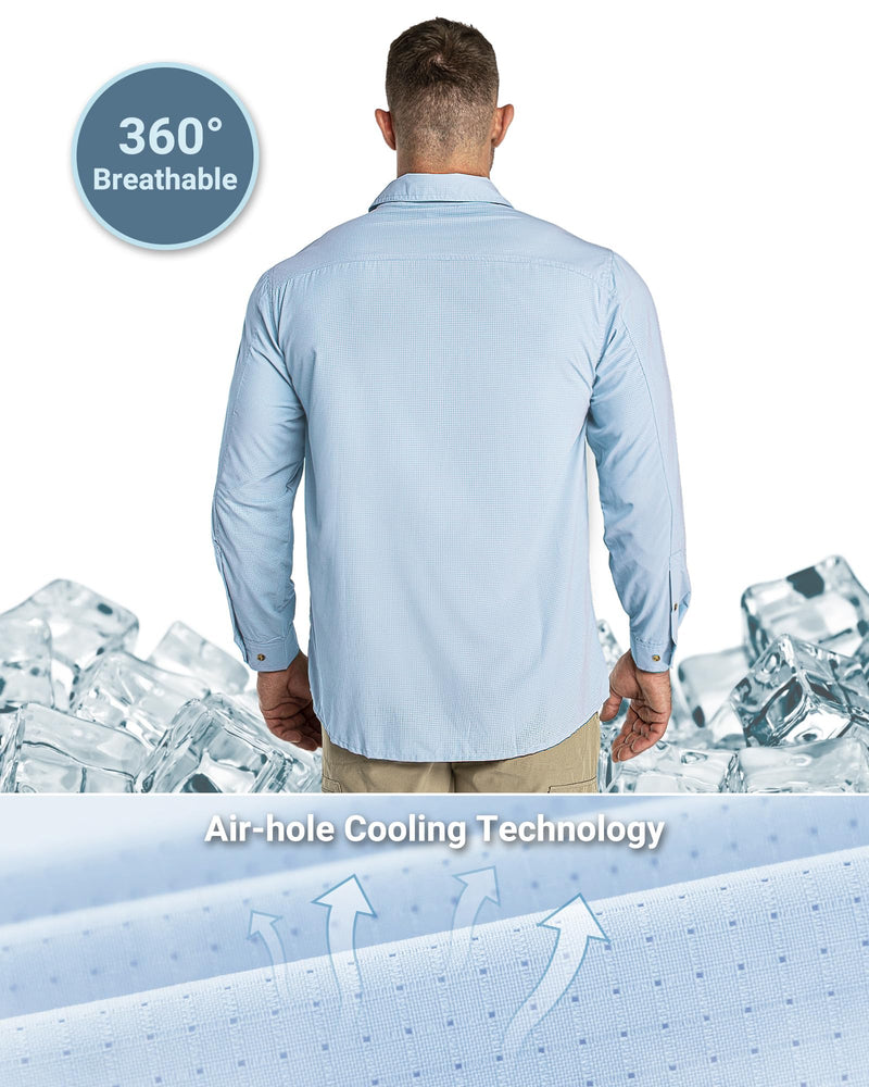 Outdoor Ventures Men's UPF 50+ UV Sun Protection Shirt, Long Sleeve Hiking Fishing Shirt Cooling Quick Dry for Safari Travel Light Blue X-Large