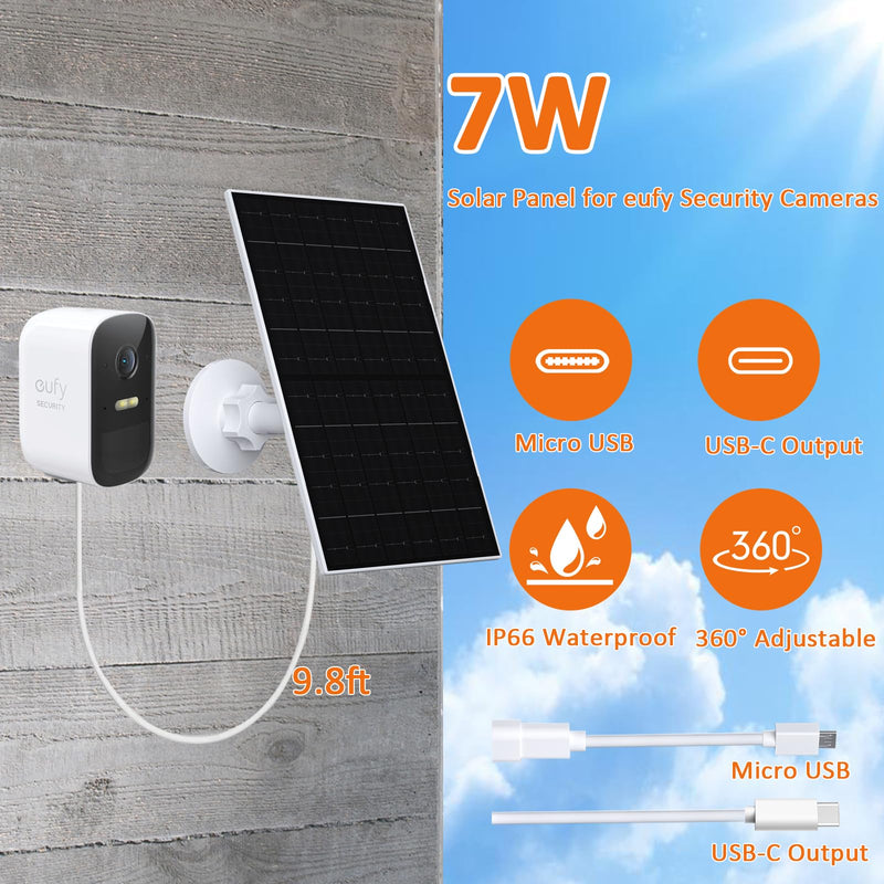 7W Solar Panel Compatible with Eufycam, USB-C Solar Charger for 5V Battery Cameras, IP66 Waterproof, 360° Adjustable Mount, 9.8ft Charging Cable, 2 Pack 7W - 2 Pack