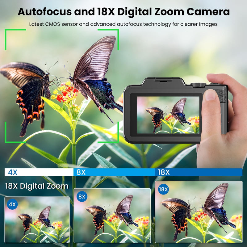 Digital Camera, 5K 80MP 3.5"+2" Dual Screen Cameras for Photography Autofocus, 18X Digital Zoom Vlogging Camera for YouTube, Travel, Beginners, Include 64GB Card and 2 Batteries, Black