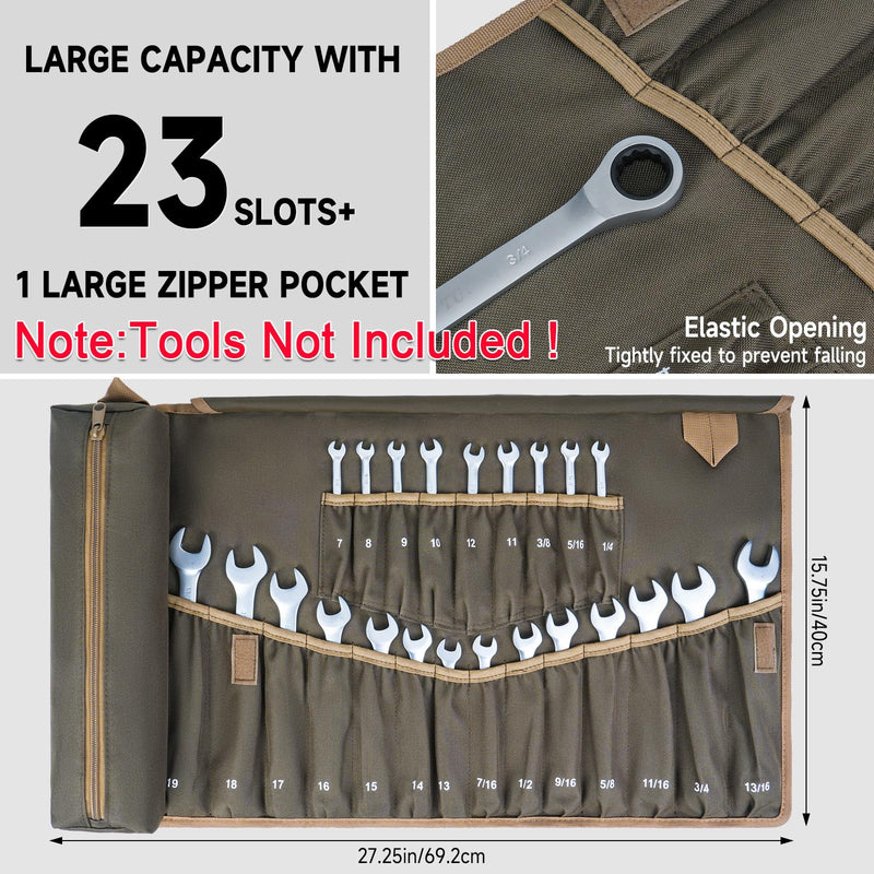 Wrench Roll Organizer,Wrench Roll Up Pouch with 23+1 Pockets,Heavy Duty Tool Roll for Metric & SAE Wrenches,Large Wrench Holder Organizer Bag for Men,Mechanics,Gifts for Men Dad(Olive Green) NO Tools Olive Green