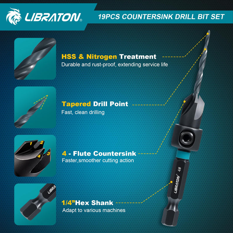 Libraton Countersink Drill Bit Set, 19 PCS Tapered Drill Bits for Woodworking, Counter Sink Drill Bit Wood Plug Cutter Extendable Bit Holder 1/4" Hex Shank Screwdriver Bits with Storage Case