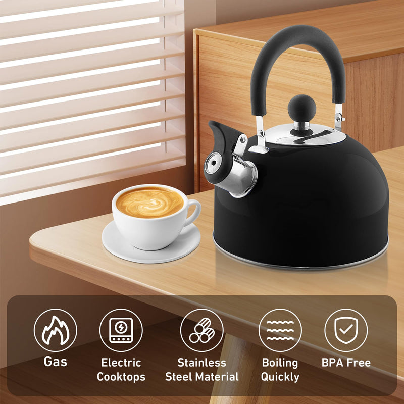 Lily's Home 2 Quart Stainless Steel Whistling Tea Kettle, the Perfect Stovetop Tea and Water Boilers for Your Home, Dorm, Condo or Apartment. (Black) Black(2 Quarts)