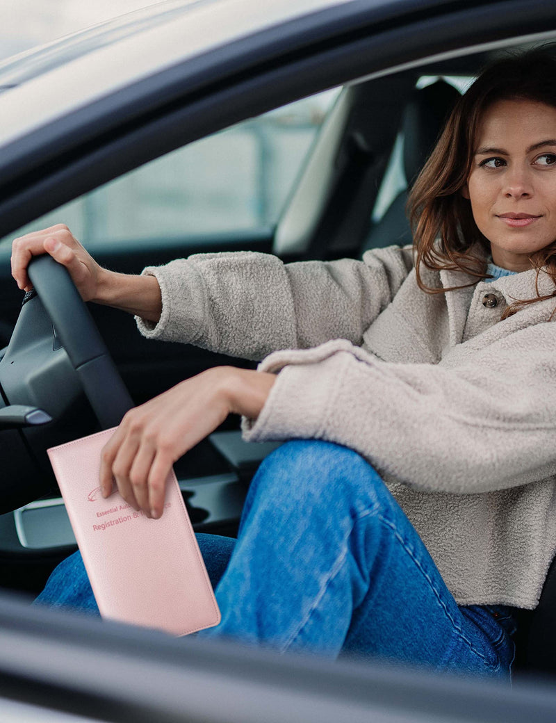 Yarnic Car Registration and Insurance Holder, Pu Leather Car Registration and Insurance Card Holder Car Document Holder for Cards, Essential Document, Driver License (Pink) Pink