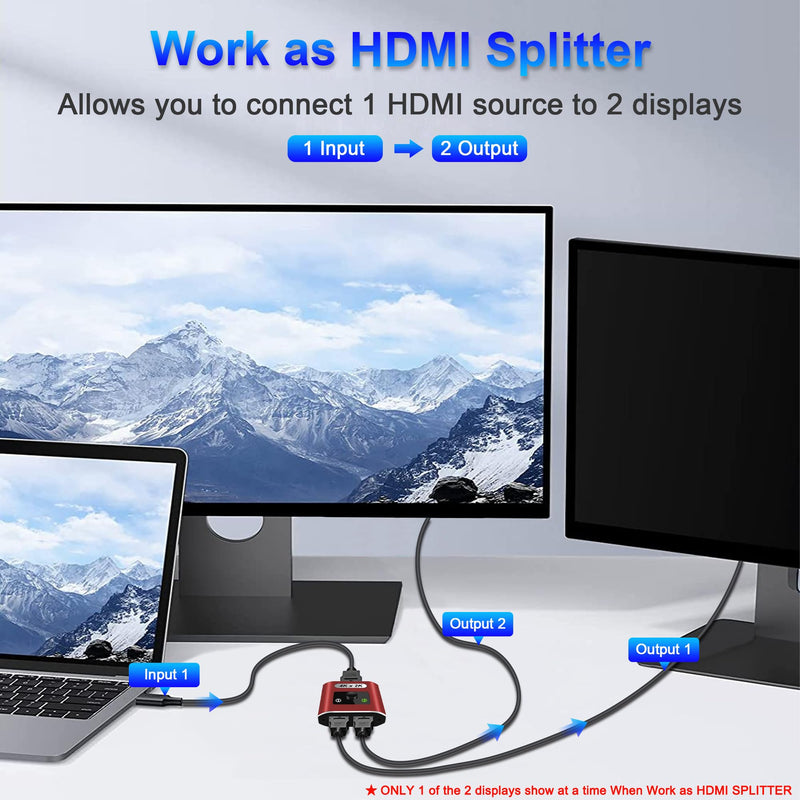 HDMI Switch Splitter 4K@60Hz, Aluminum Bi-Directional HDMI 2.0 Switcher, HDMI Splitter 1 in 2 Out/ 2 in 1 Out, Support 4K 3D HDR for Xbox, PS5/4/3, Fire Stick, Roku, HDTV, Projector, Computer(red)