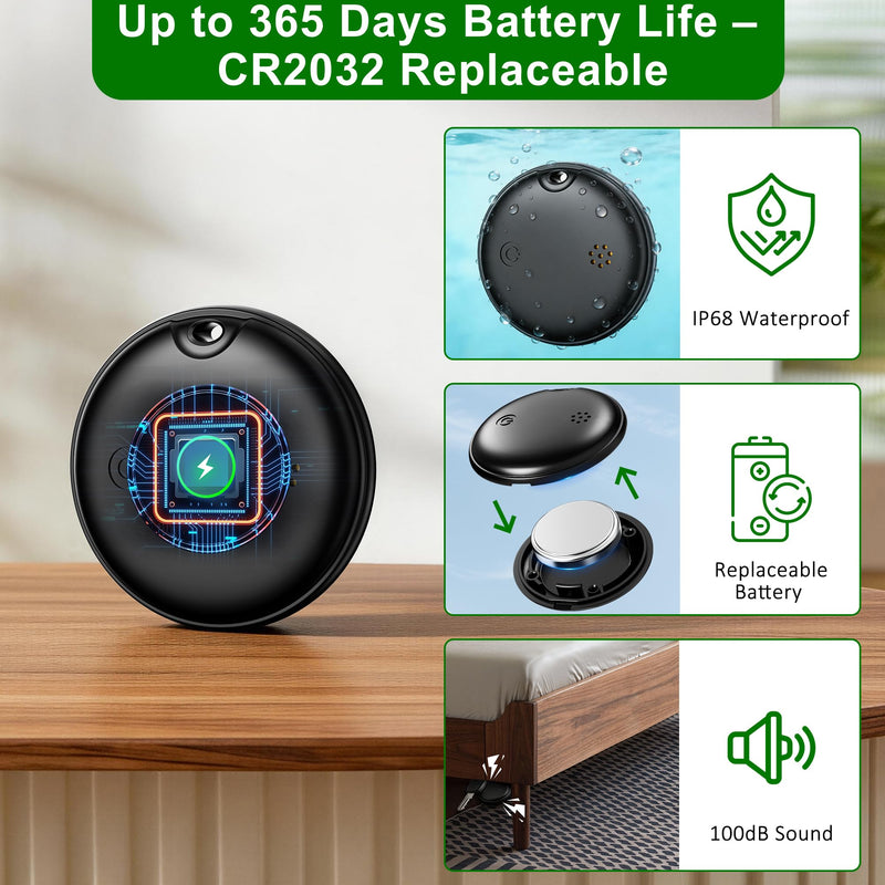2026 Upgrade 4-Pack Smart Bluetooth Tracker – Android AirTag, Works with iOS Find My & Android Find Hub, IP68 Waterproof, Loud Ring, Replaceable Battery, for Luggage Keys Wallet Backpack