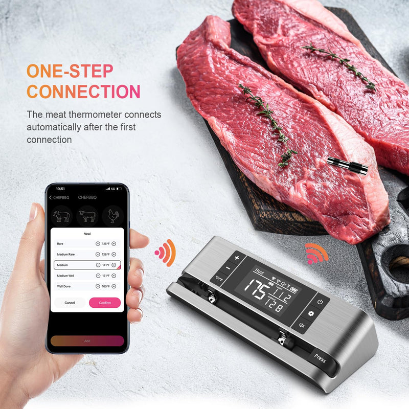 Wireless Smart Meat Thermometer with Dual-Sensor Probe, 500FT Remote Monitoring, Dedicated App, Real-Time Ambient and Food Temperature Tracking for Precise Cooking Control Single Probe Grey-Single Probe