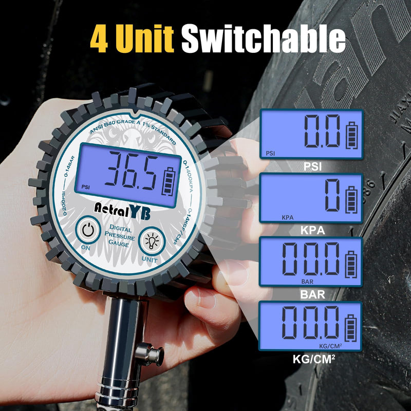 Digital Tire Pressure Gauge with 200 PSI - Heavy Duty Air Chuck, Reinforced Rubber Hose, Professional Accuracy, and LED Backlight 45° Air Chuck