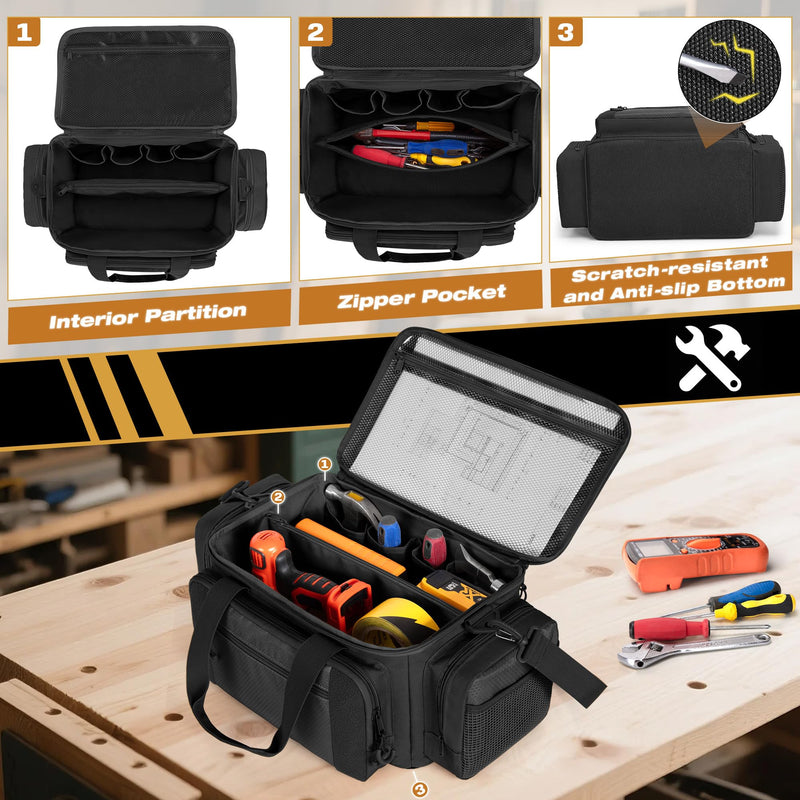 Tactical Tool Bag with Anti-friction Bottom, Hand Tool Tote Storage Organizer for Men, Small Range Bag for Electricians, Carpenters, Mechanics and Repairman, Black