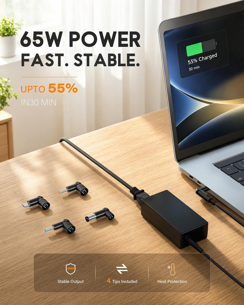 Universal 65W USB C Laptop Charger, 4-in-1 with 3 Round Tips AC Adapter | Compatible with HP chromebook Lenovo Dell Acer Asus Samsung Google Computer Type C Power AC Adapter